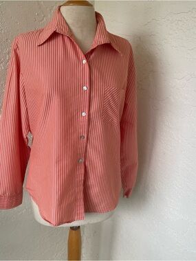 Chico's  Orange & White  Stripe Button Down Shirt Women's Size L (2) No Iron.